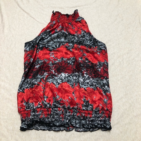 Iz Byer Tops - Vintage Y2K izBYER Dark Floral Satin Top High Neck Whimsigoth Dark Fairy Smocked